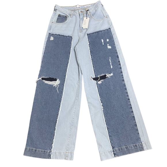 Forever 21 Jeans Distressed Low Rise Baggy Wide Leg Colorblock Women's 28 Blue - Picture 1 of 12